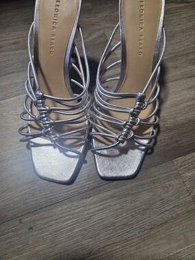 Veronica Beard Metallic Silver Multi-Strap Square-Toe Heels